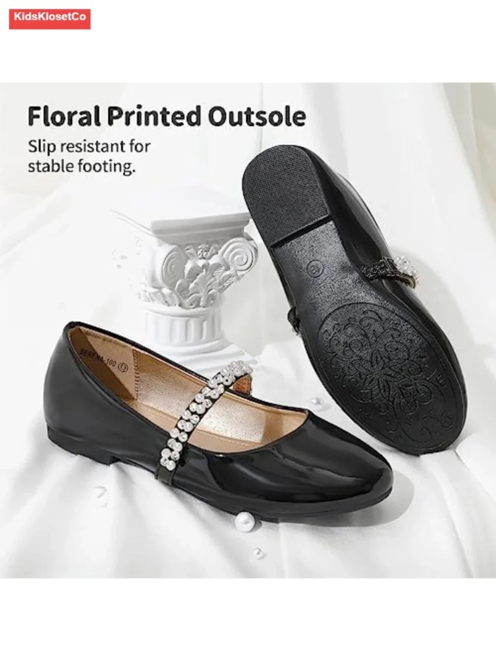 Girls Mary Jane Dress Shoes Flats with Pearl Straps for Wedding Party